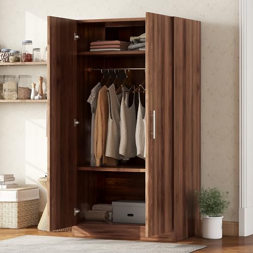 Brown Wooden Armoire Closet with 3-Shelves and Hanging Rail E95471