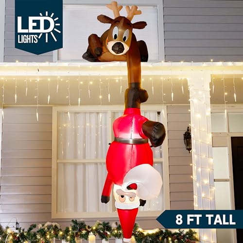 8 FT Hanging Christmas Inflatable Reindeer and Climbing Santa with Build-in LED B19044