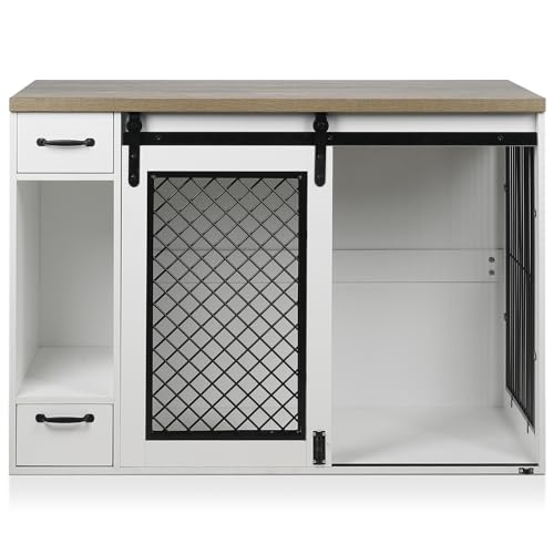 White 85" Sliding Door Double Dog Crate Kennel Furniture with 4 Dog Bowls and Drawer A254