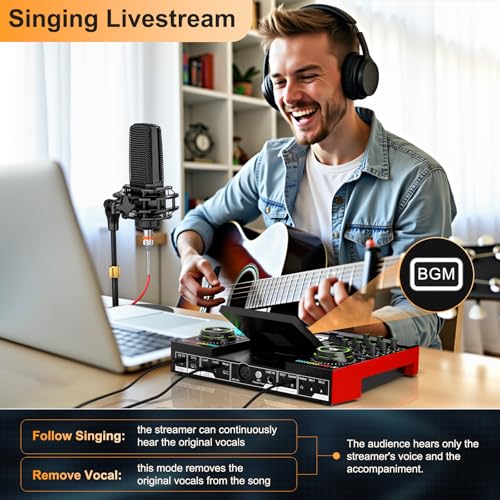 Podcast Microphone Bundle with Live Sound Card Audio Mixer, 3.5mm Condenser Microphone, Sound Board with Voice Changer J44245