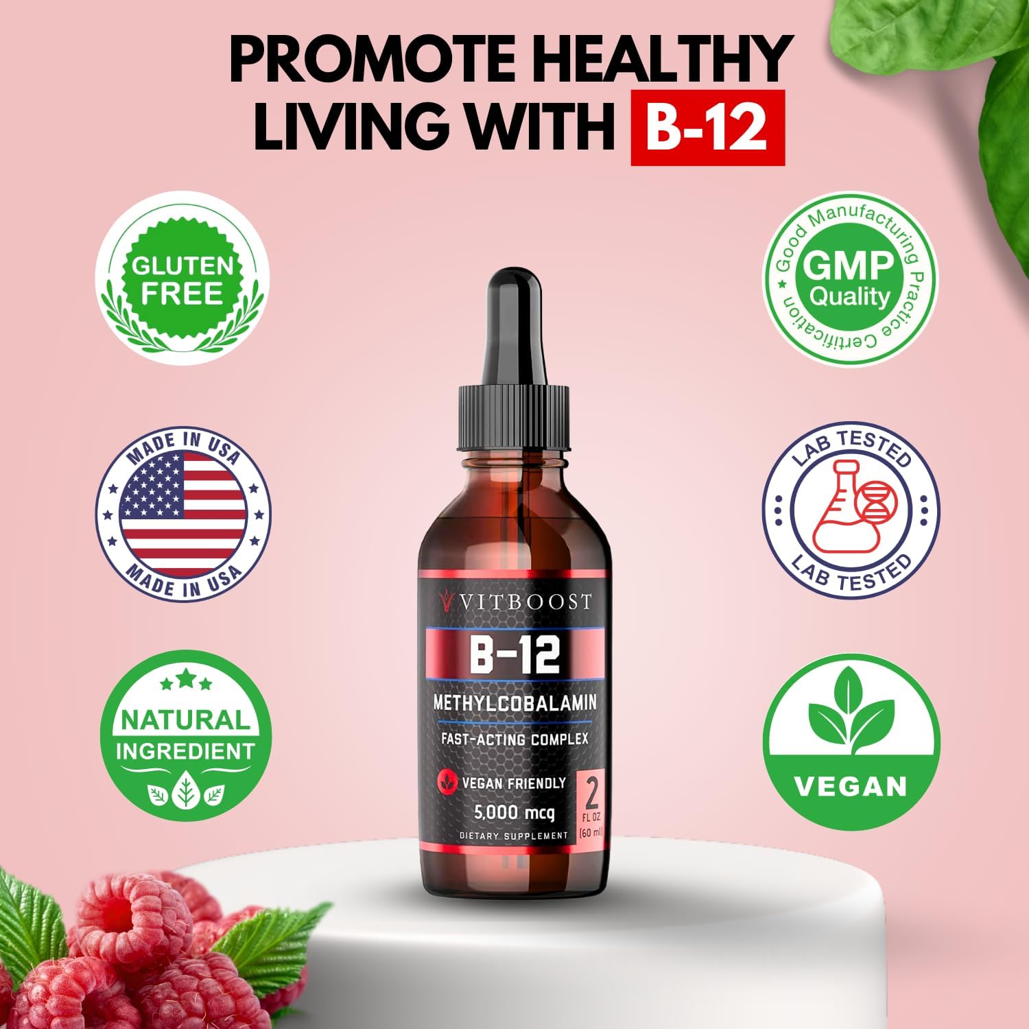 60 x 5000 mcg Raspberry Flavored Vitamin B12 Liquid Methylcobalamin Supplement O751