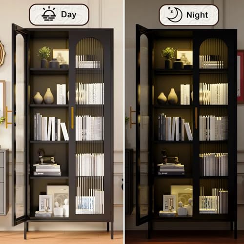 Black Tall Curio Cabinet with Glass Doors and Lights A645889