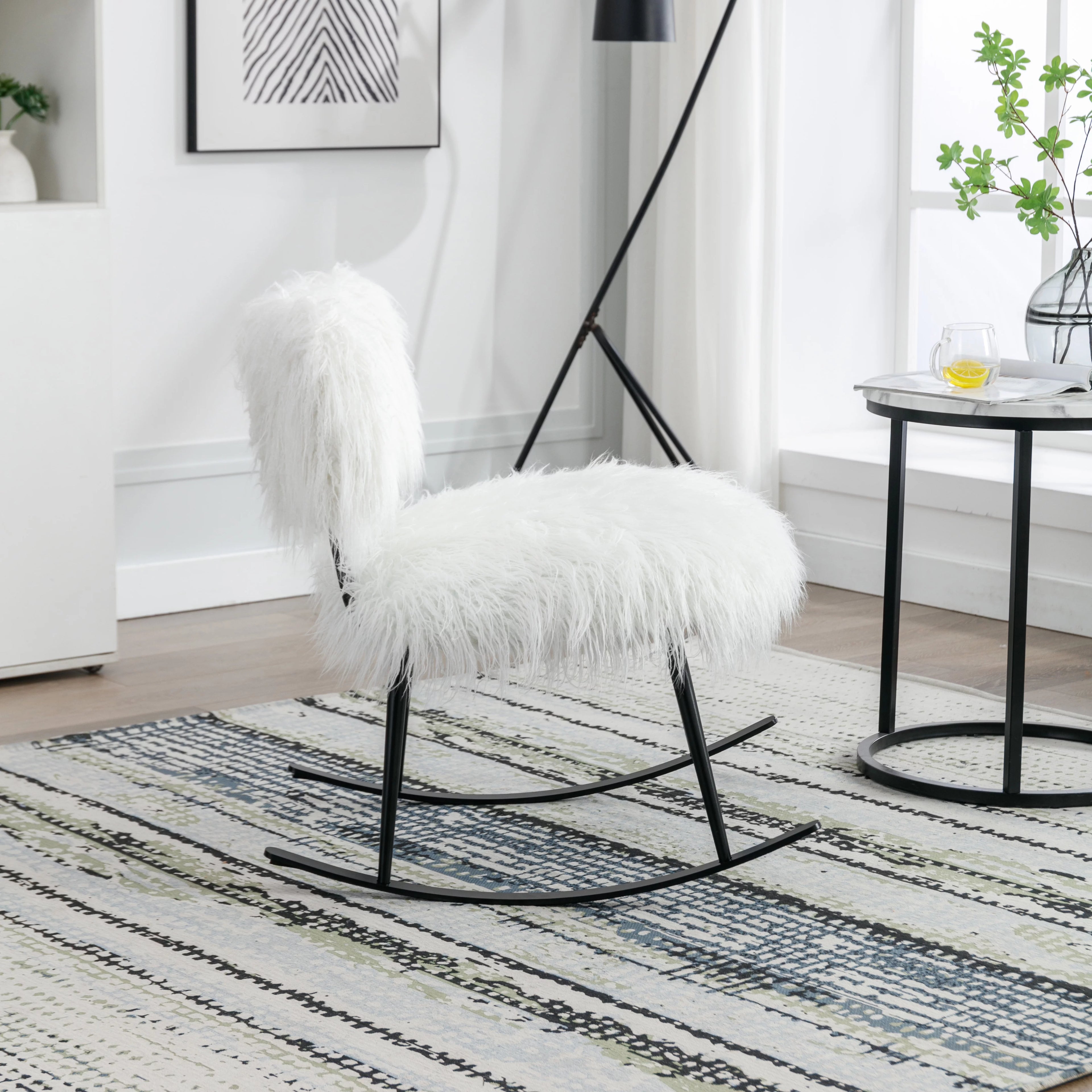 White Faux Fur Plush Nursery Rocking Chair with Metal Rocker E496