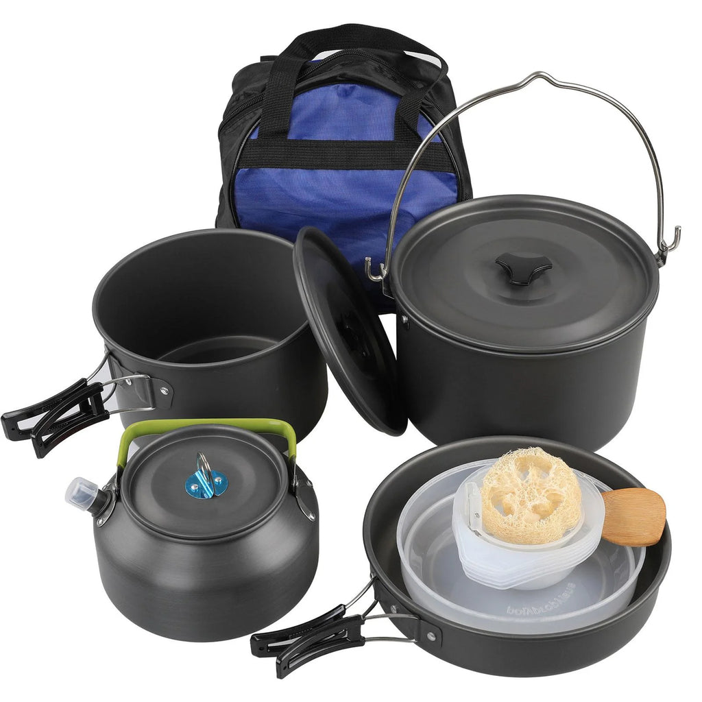 Portable Aluminum Camping Cookware Set with Teapot and Pan V422