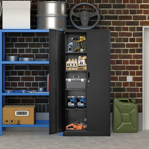 72" Steel Tall Garage Storage Cabinet with Lock, 4 Adjustable Shelves (Black) I279