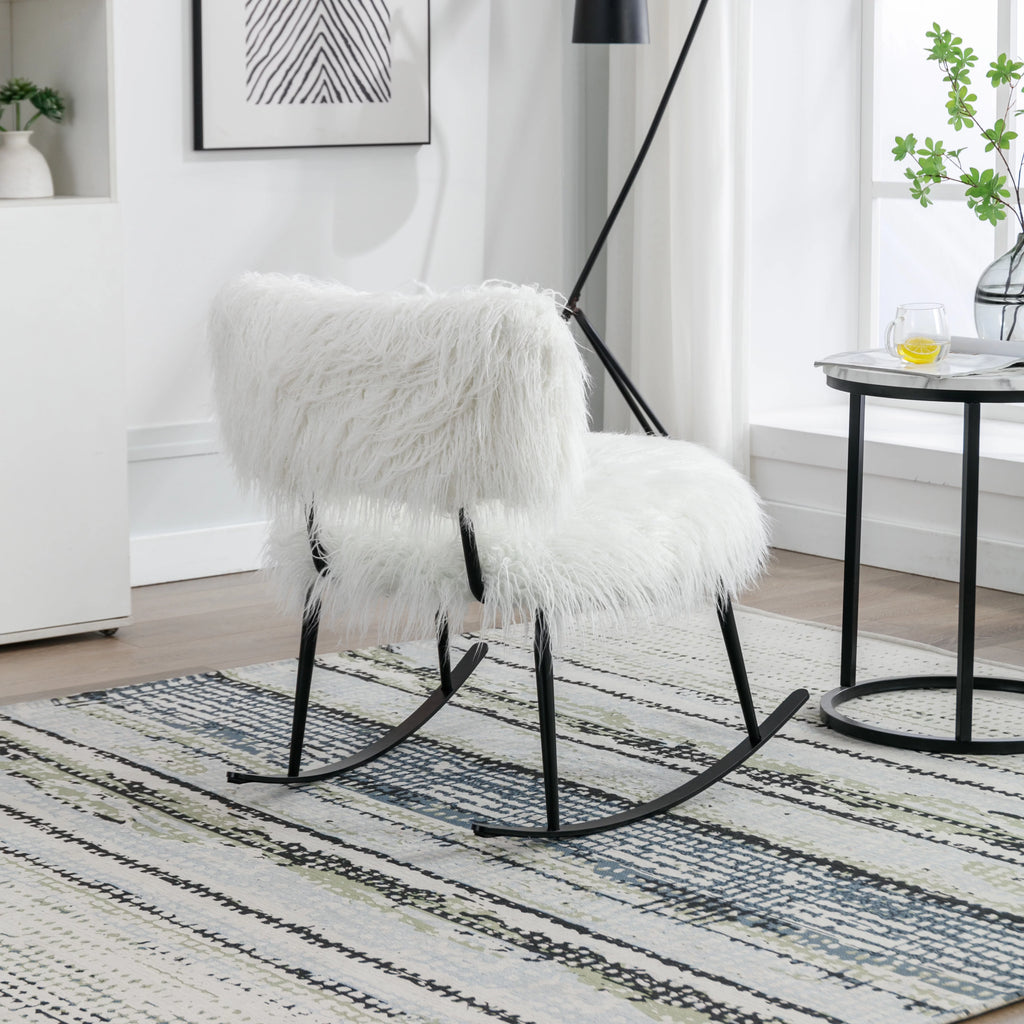 White Faux Fur Plush Nursery Rocking Chair with Metal Rocker E496
