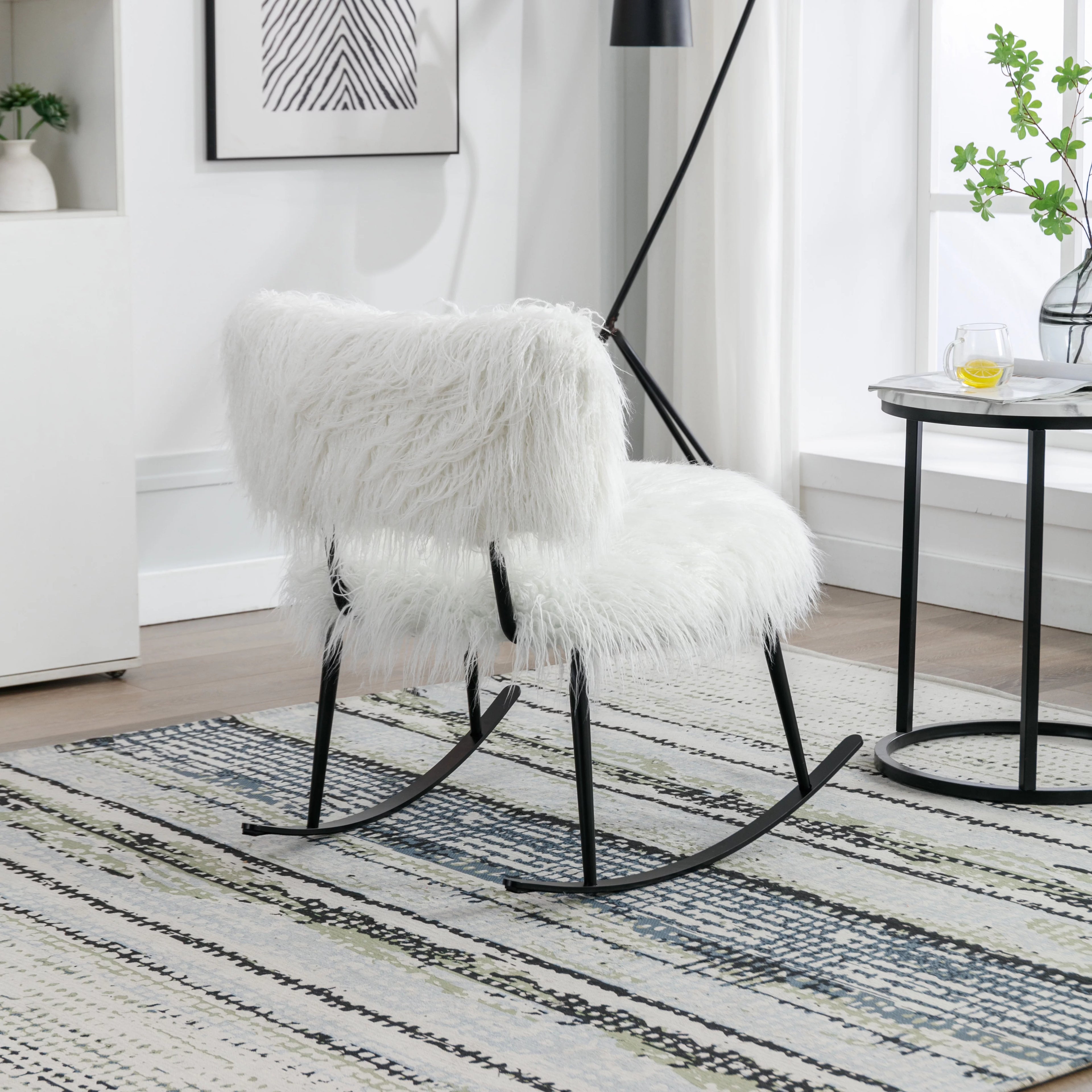 White Faux Fur Plush Nursery Rocking Chair with Metal Rocker E496