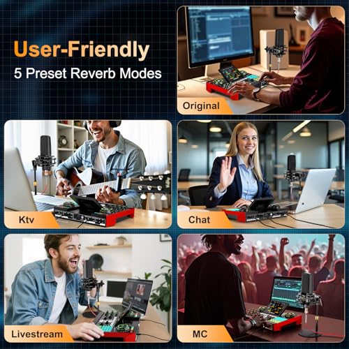 Podcast Microphone Bundle with Live Sound Card Audio Mixer, 3.5mm Condenser Microphone, Sound Board with Voice Changer J44245