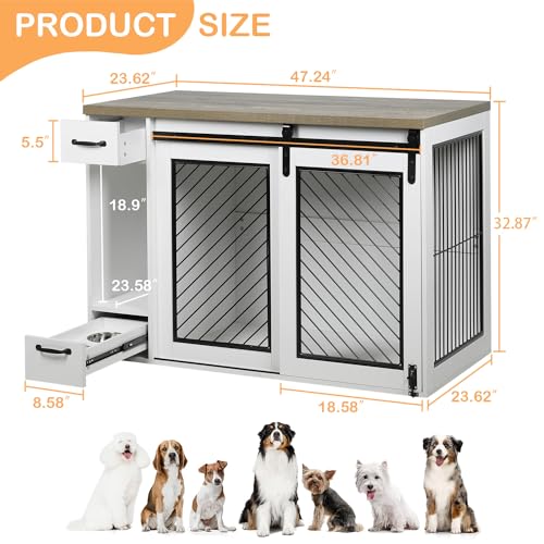 White 85" Sliding Door Double Dog Crate Kennel Furniture with 4 Dog Bowls and Drawer A254