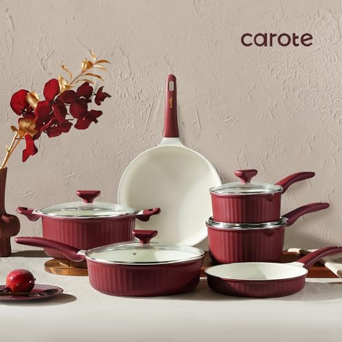 12pcs Non Stick Granite Pots and Pans Set, Dark Red T45138