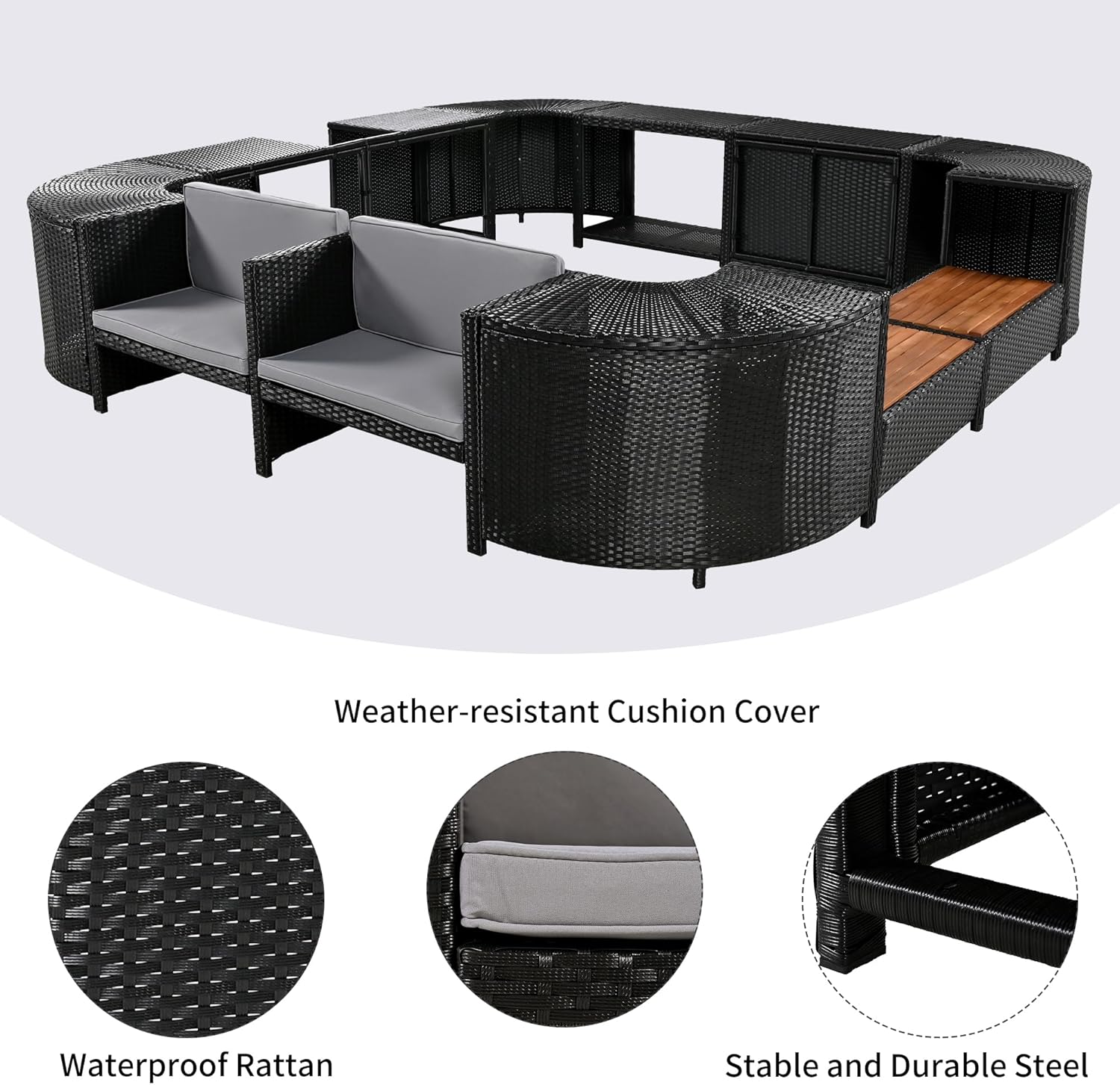 Gray Outdoor Rattan Sectional Sofa with Wooden Seats and Storage B3009