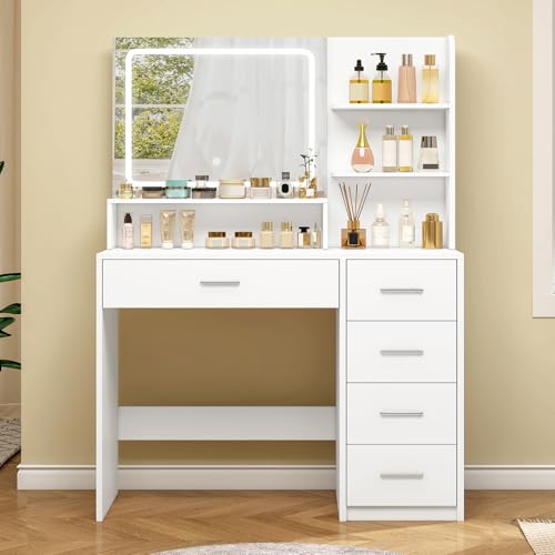 White Vanity Desk with 5 Drawers & Mirror O30456