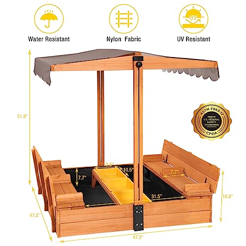 Kids Sand Boxes with Canopy Foldable Bench Seats Wooden Playset H6302