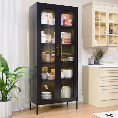 Black Tall Curio Cabinet with Glass Doors and Lights A645889