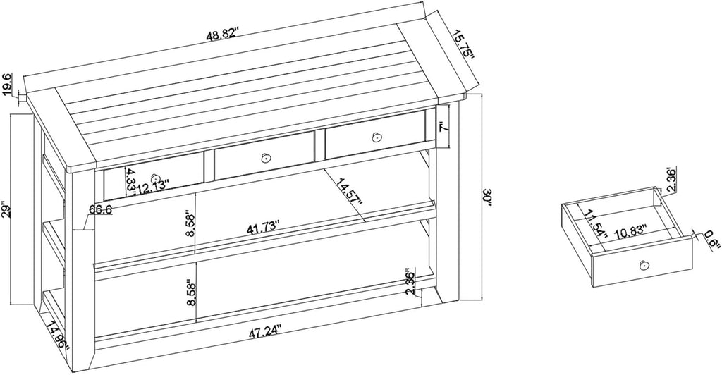 Long Console Table with 3 Storage Drawers and Double Bottom Open Shelves, 50" W x 16" D x 30" H, Brown S5136