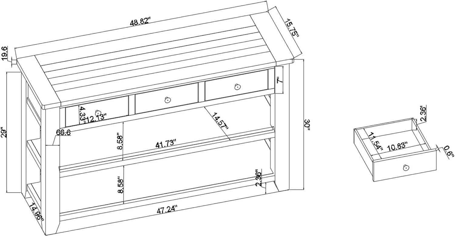 Long Console Table with 3 Storage Drawers and Double Bottom Open Shelves, 50" W x 16" D x 30" H, Brown S5136