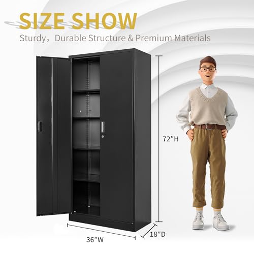 72" Steel Tall Garage Storage Cabinet with Lock, 4 Adjustable Shelves (Black) I279