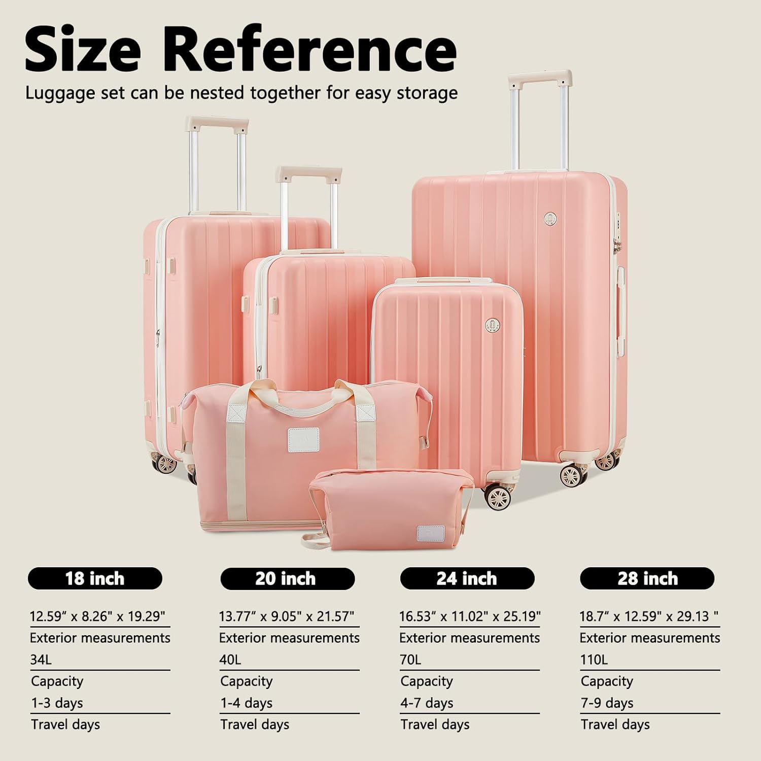 4 Piece Hardside Expandable Luggage Set with Spinner Wheels TSA Lock, Pink Beige W1477
