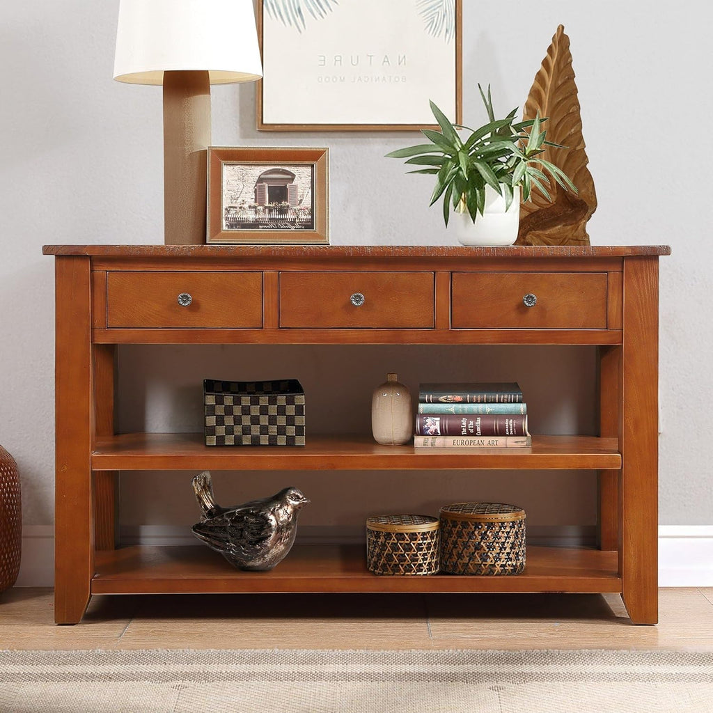 Long Console Table with 3 Storage Drawers and Double Bottom Open Shelves, 50" W x 16" D x 30" H, Brown S5136