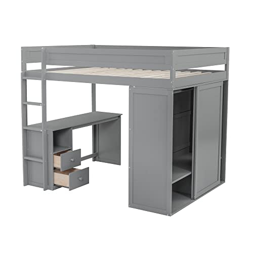 White Full Size Wooden Loft Bed with Storage Wardrobe and Desk A3242