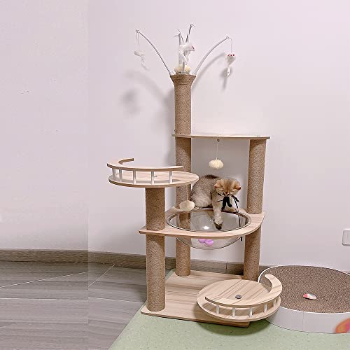 Wooden Large Cat Tree Floor to Ceiling Cat Tower Height Adjustable with Natural Sisal Rope Scratching Post Cozy Bed N546105