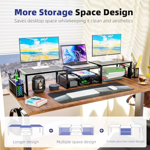 Black Dual Metal Monitor Stand with Drawer and Pen Holder E368322