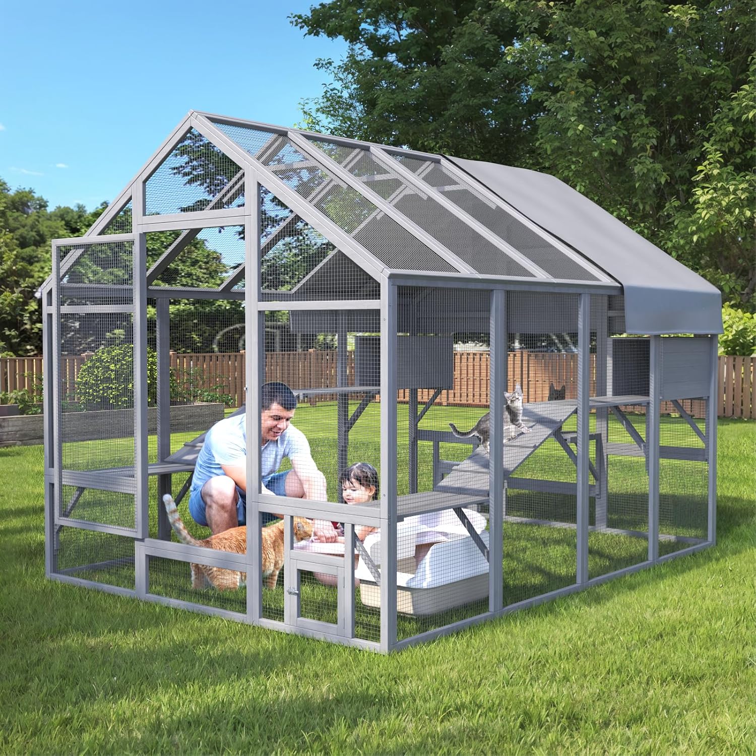 Large Catio Outdoor Cat Enclosure with 7 Platforms, 2 Resting Box and 2 Bridges, 71 x 71 x 97 inch E54075