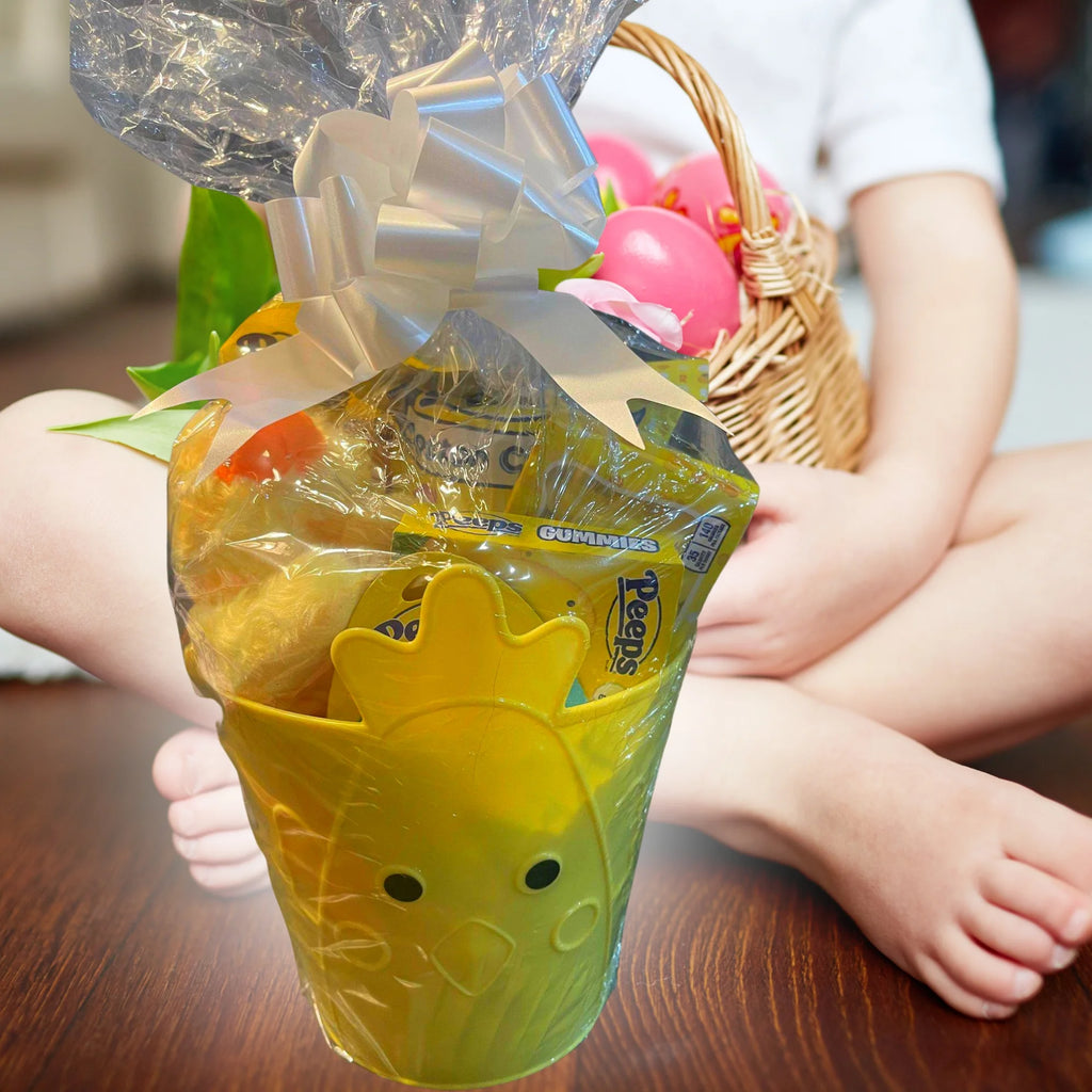Yellow Duck Plush Toy Cotton Candy Lollipops Rings Gummies Chicks Marshmallow Lip Balm Reusable Bucket Gift Basket S524670