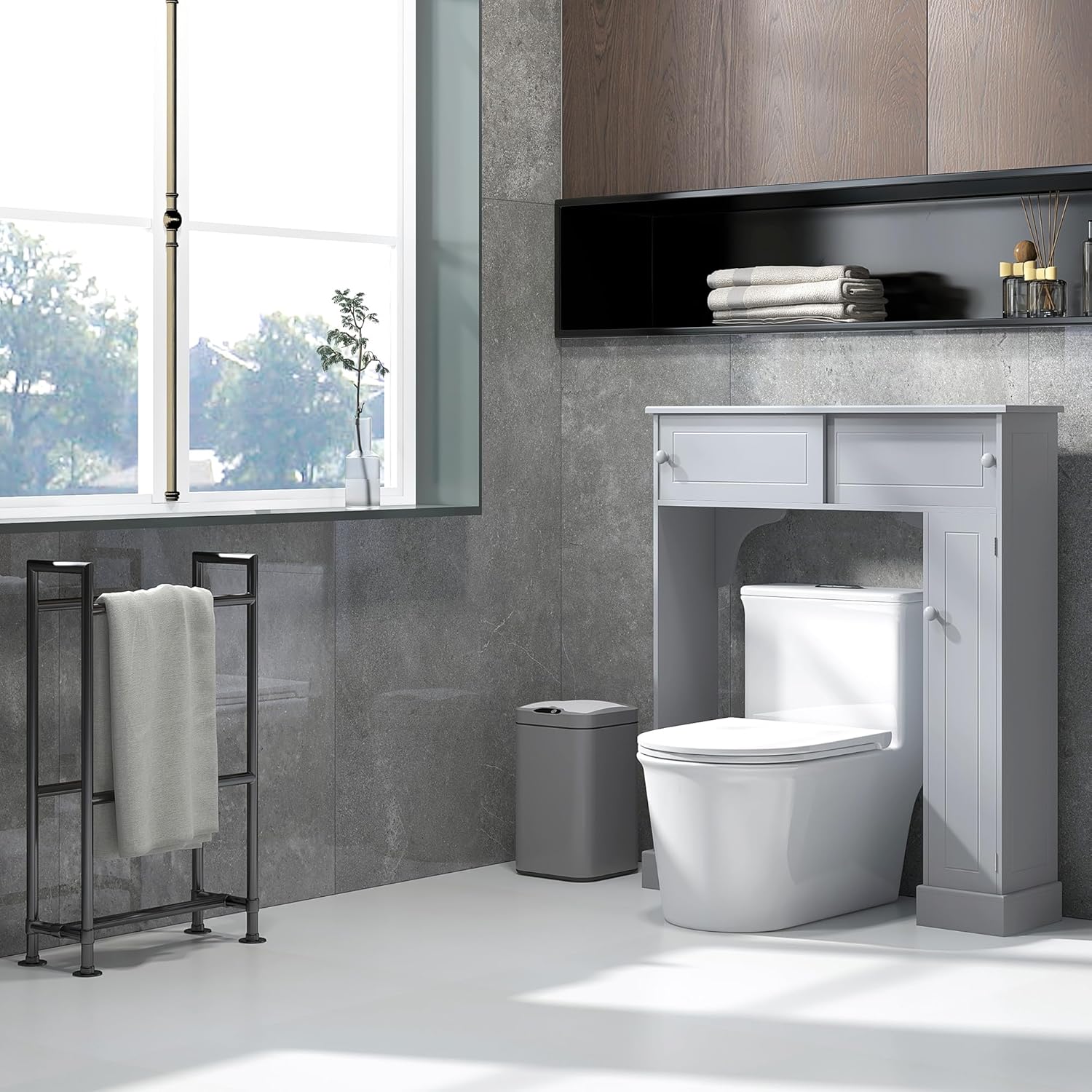 Gray Freestanding Over The Toilet Bathroom Cabinet with Adjustable Shelves T675163