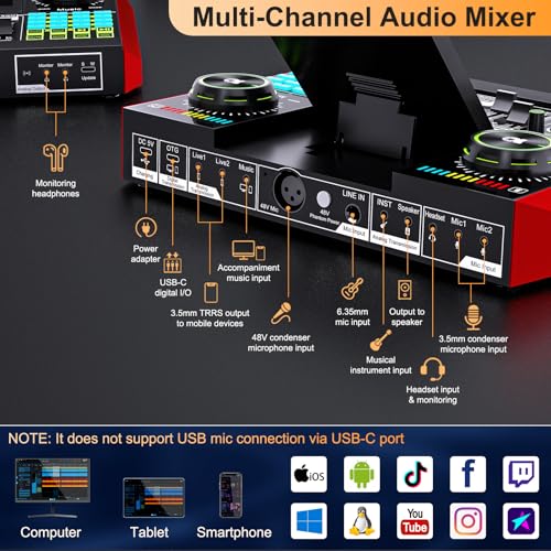Podcast Microphone Bundle with Live Sound Card Audio Mixer, 3.5mm Condenser Microphone, Sound Board with Voice Changer J44245