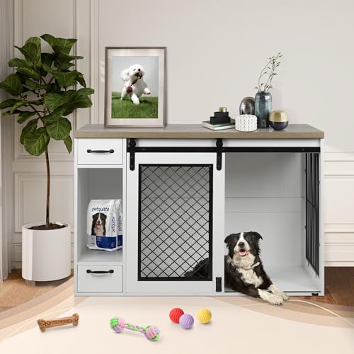 White 85" Sliding Door Double Dog Crate Kennel Furniture with 4 Dog Bowls and Drawer A254