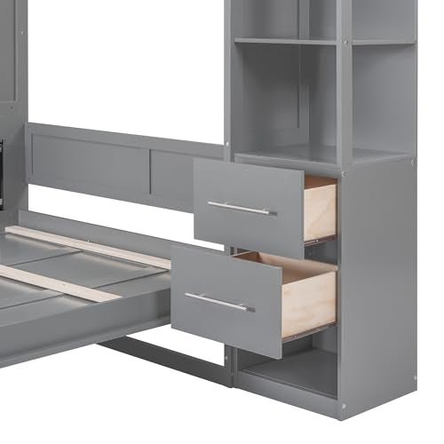 Gray Queen Size Wood Wall Bed with Shelves and Drawers T2974