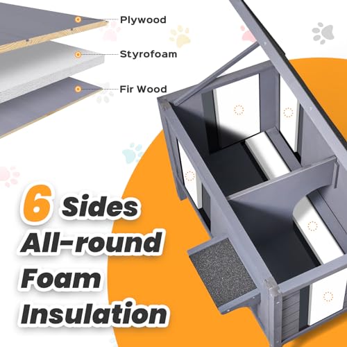 Wooden-Grey Weatherproof Insulated Outdoor Cat House with PVC Door Flaps N3474