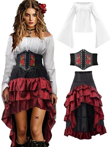 Beige+Brown Women Pirate Costume with Shirt Skirt Corset Waist Belt F553138