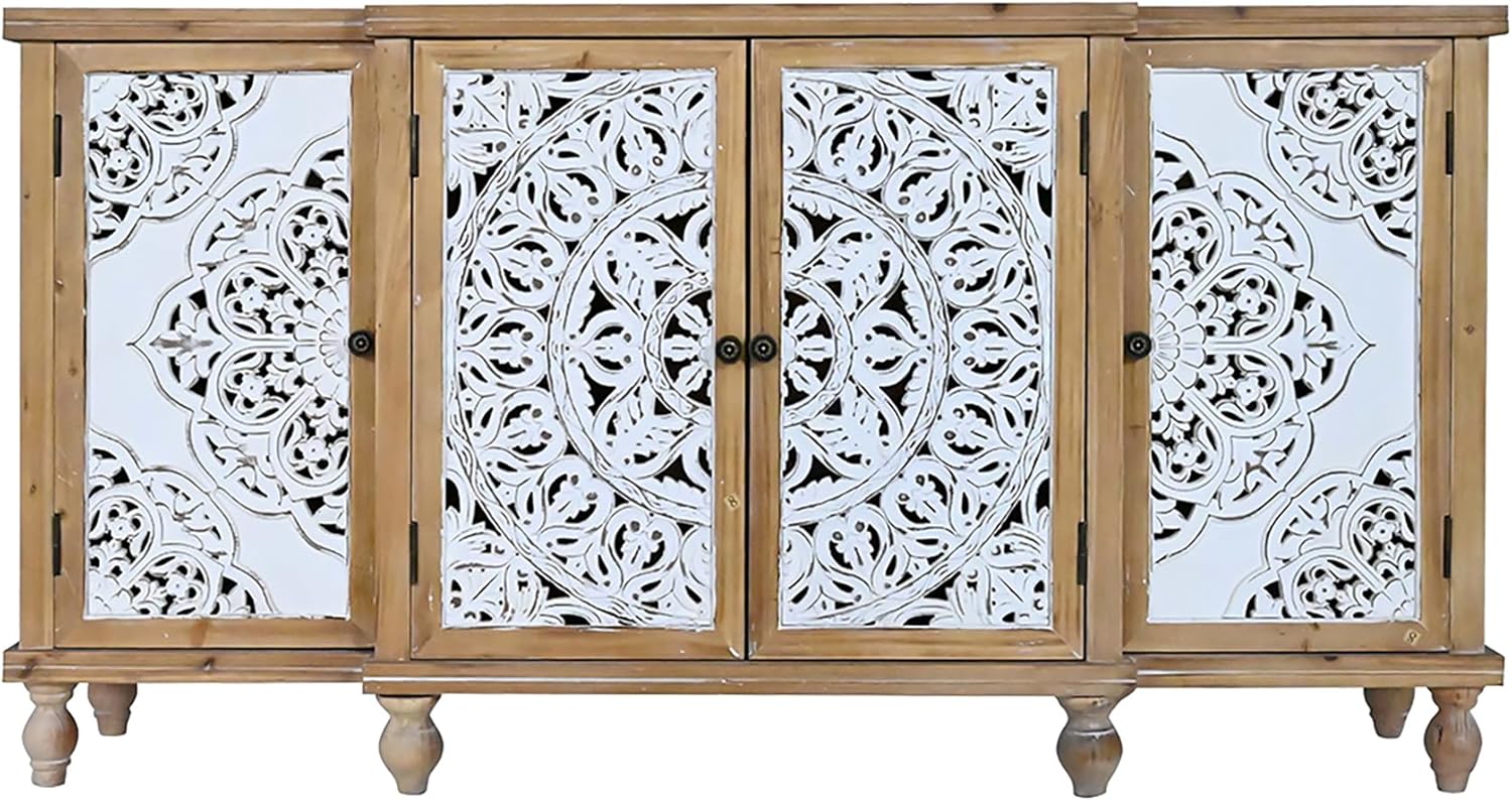 Natural Wood 4-Door Distressed Accent Cabinet with Adjustable Shelves S743432