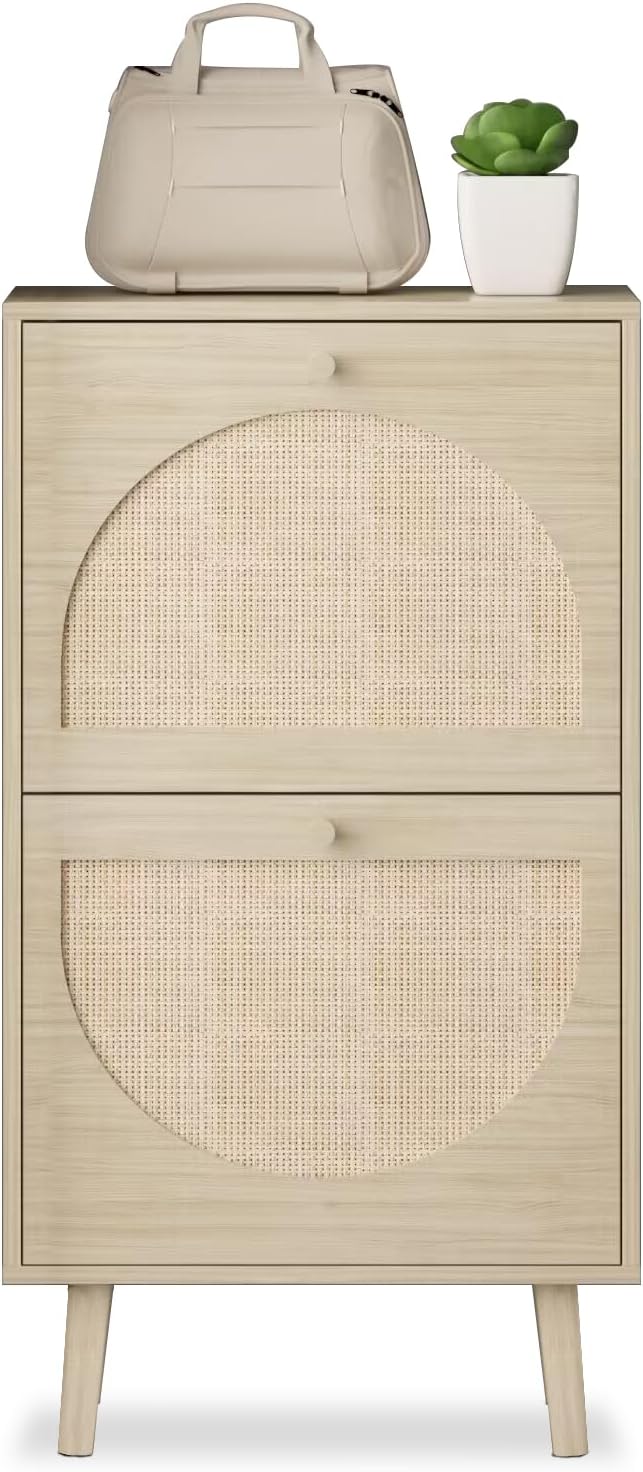 2 Drawers Slim Shoe Cabinet Rattan Shoe Storage Cupboard Organizer Unit with Doors O562889
