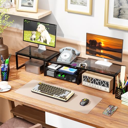 Black Dual Metal Monitor Stand with Drawer and Pen Holder E368322
