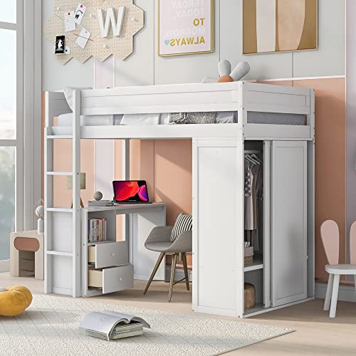 White Full Size Wooden Loft Bed with Storage Wardrobe and Desk A3242