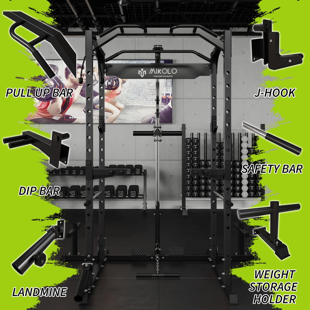 Power Rack Cage with LAT Pulldown System, 1200LBS Capacity, 13-Level Adjustable Height J320345