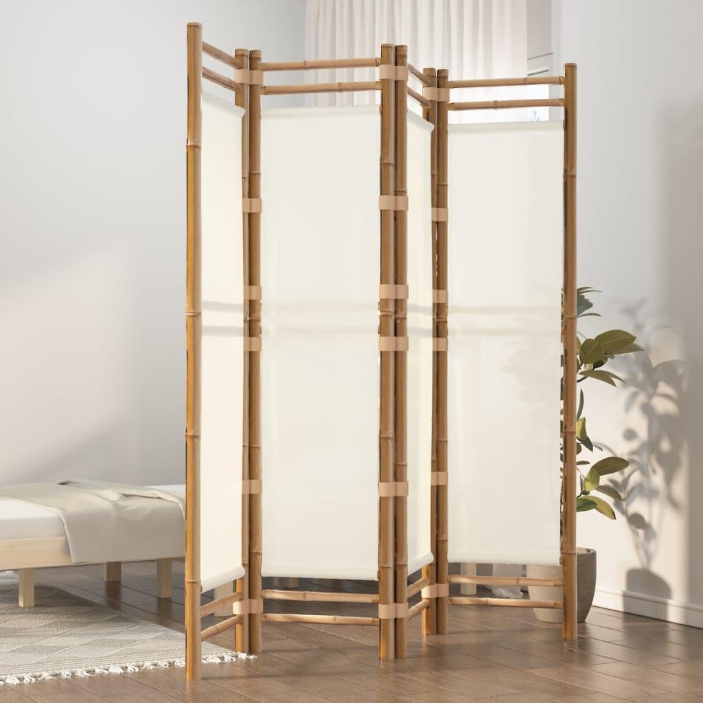 Cream White 4-Panel Bamboo Room Divider P836657