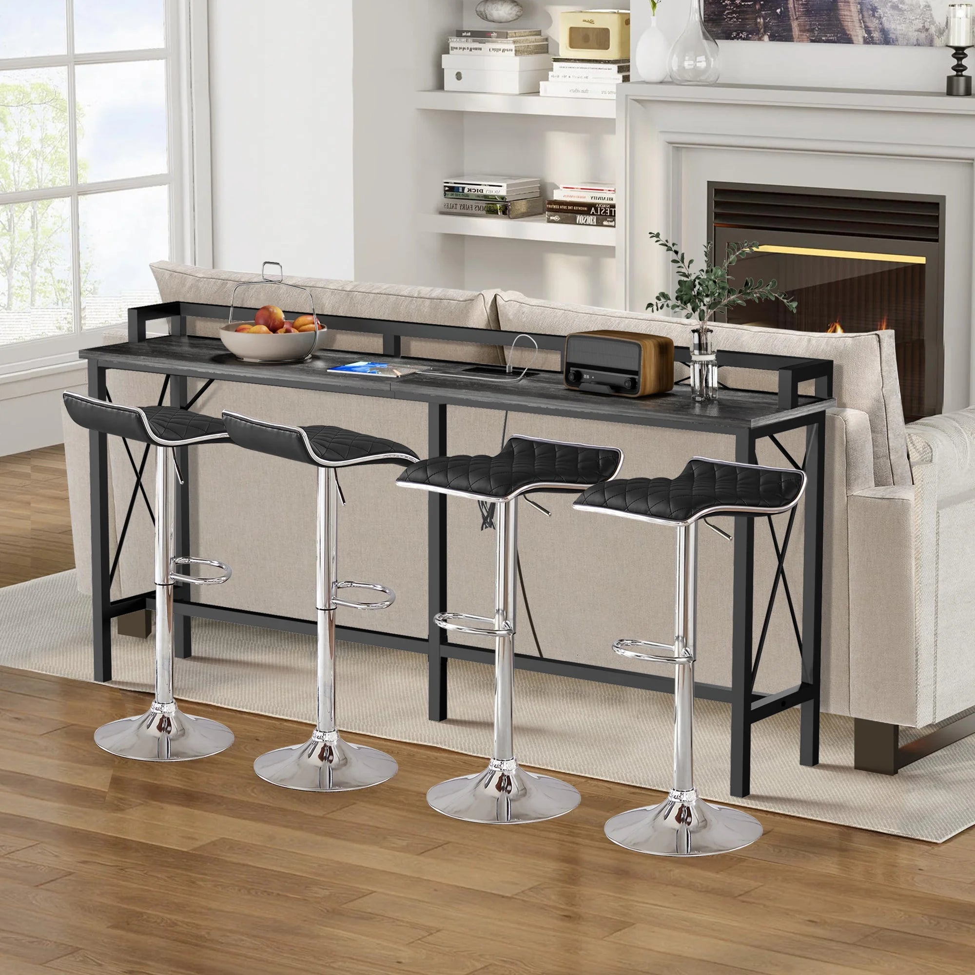 Black 5-Piece Console Table and Stool Set with 4 Adjustable Swivel Chairs Q88340