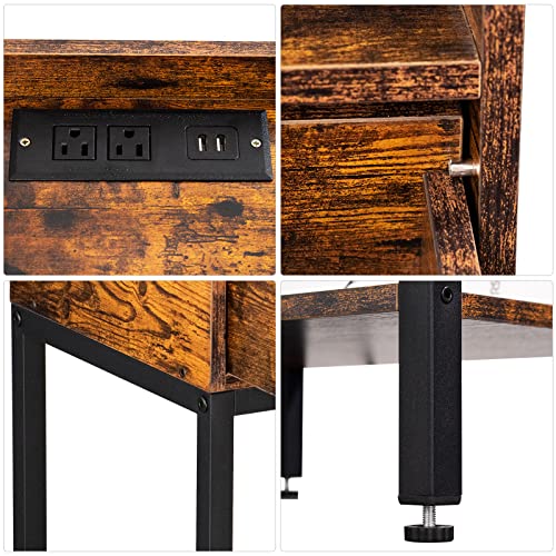3-Tier Nightstand Set of 2 with Charging Station and Drawer, Oak Grey S985