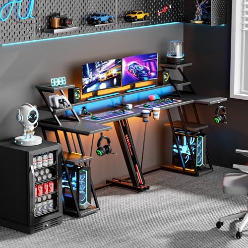 L Shaped Gaming Desk with LED Lights & Power Outlet, 47 Inch Computer Desk with Extra Storage Shelves, Reversible Gamer Workstations with Monitor Stand, Carbon Fiber Black G926