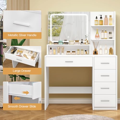 White Vanity Desk with 5 Drawers & Mirror O30456