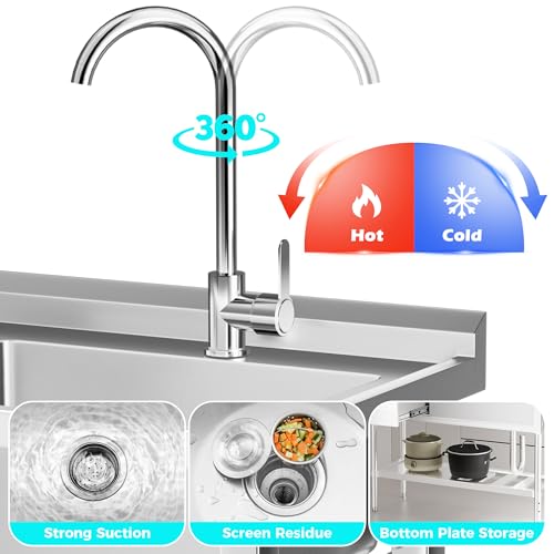 47" 304 Stainless Steel Utility Sink with Workbench, Drawer Storage & Hot/Cold Water Pipes I792768