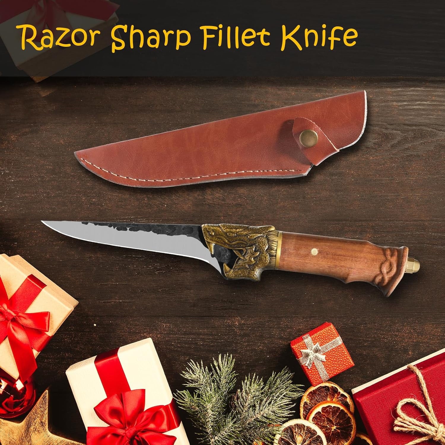 7Cr17MOV Fillet Knife with Leather Sheath Z538