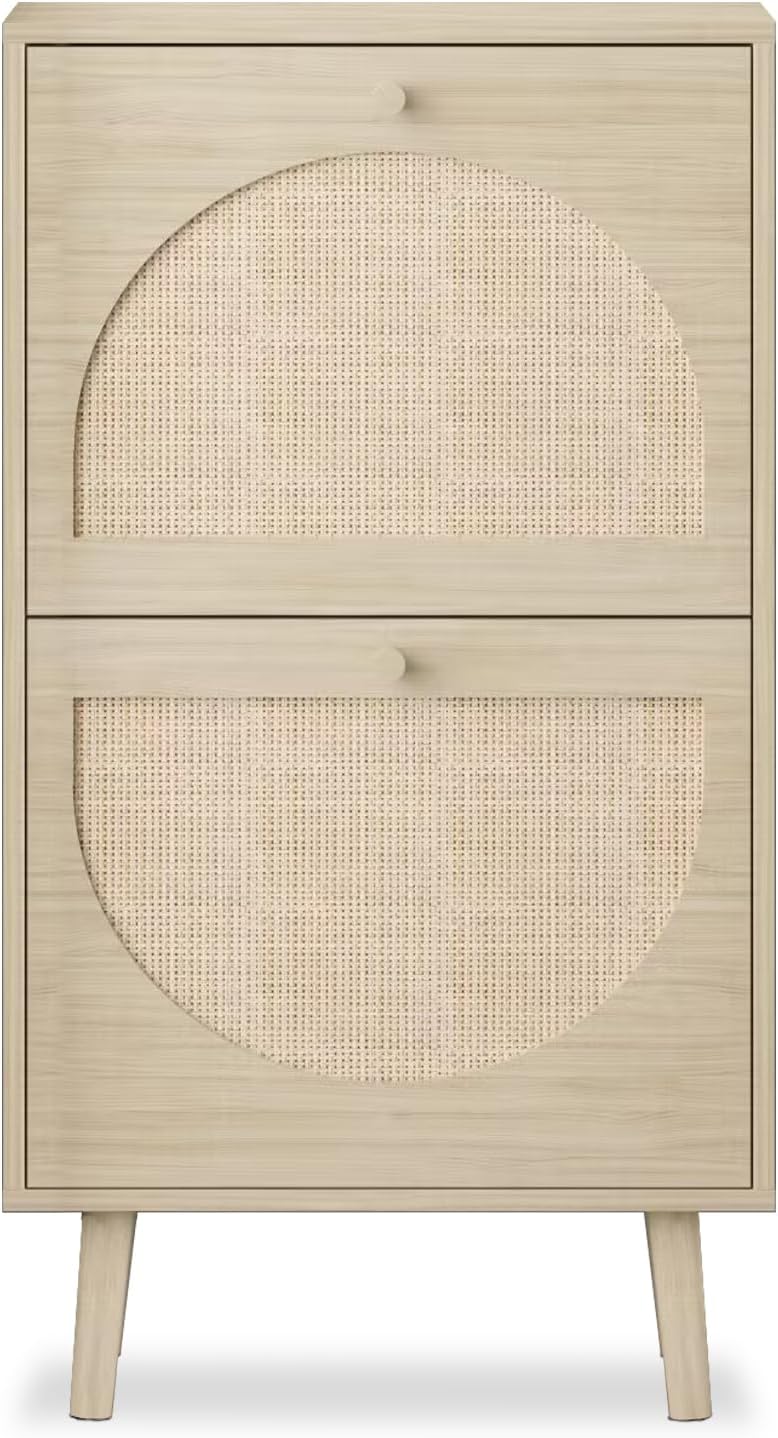 2 Drawers Slim Shoe Cabinet Rattan Shoe Storage Cupboard Organizer Unit with Doors O562889