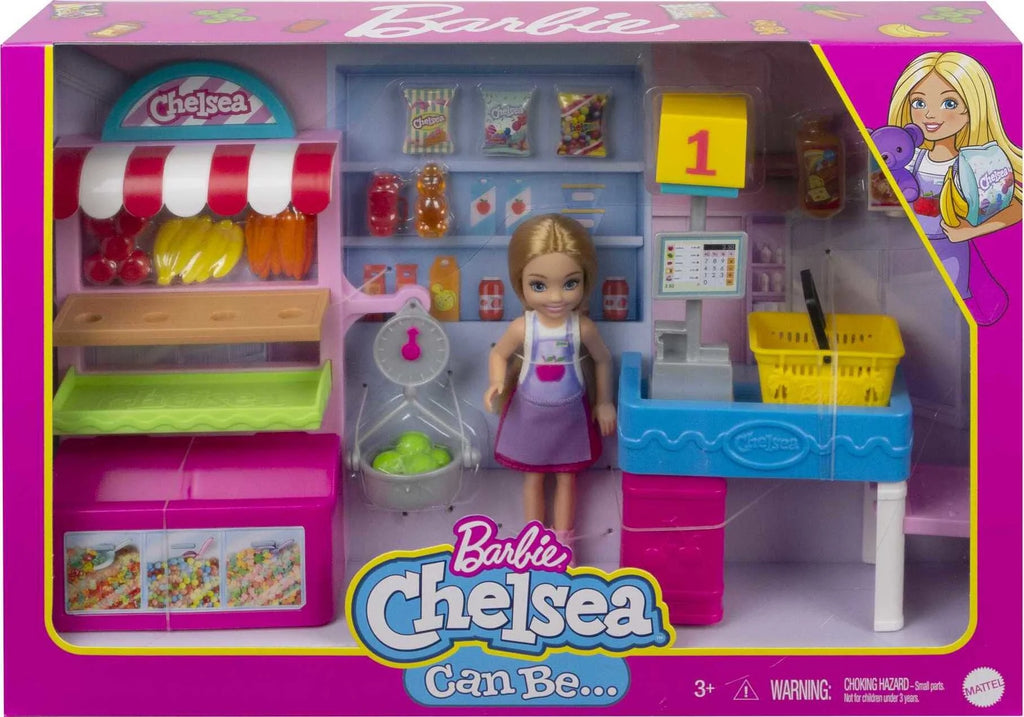 Chelsea Can Be Snack Stand Playset with Blonde Small Doll & 15+ Grocery-Themed Accessories M310