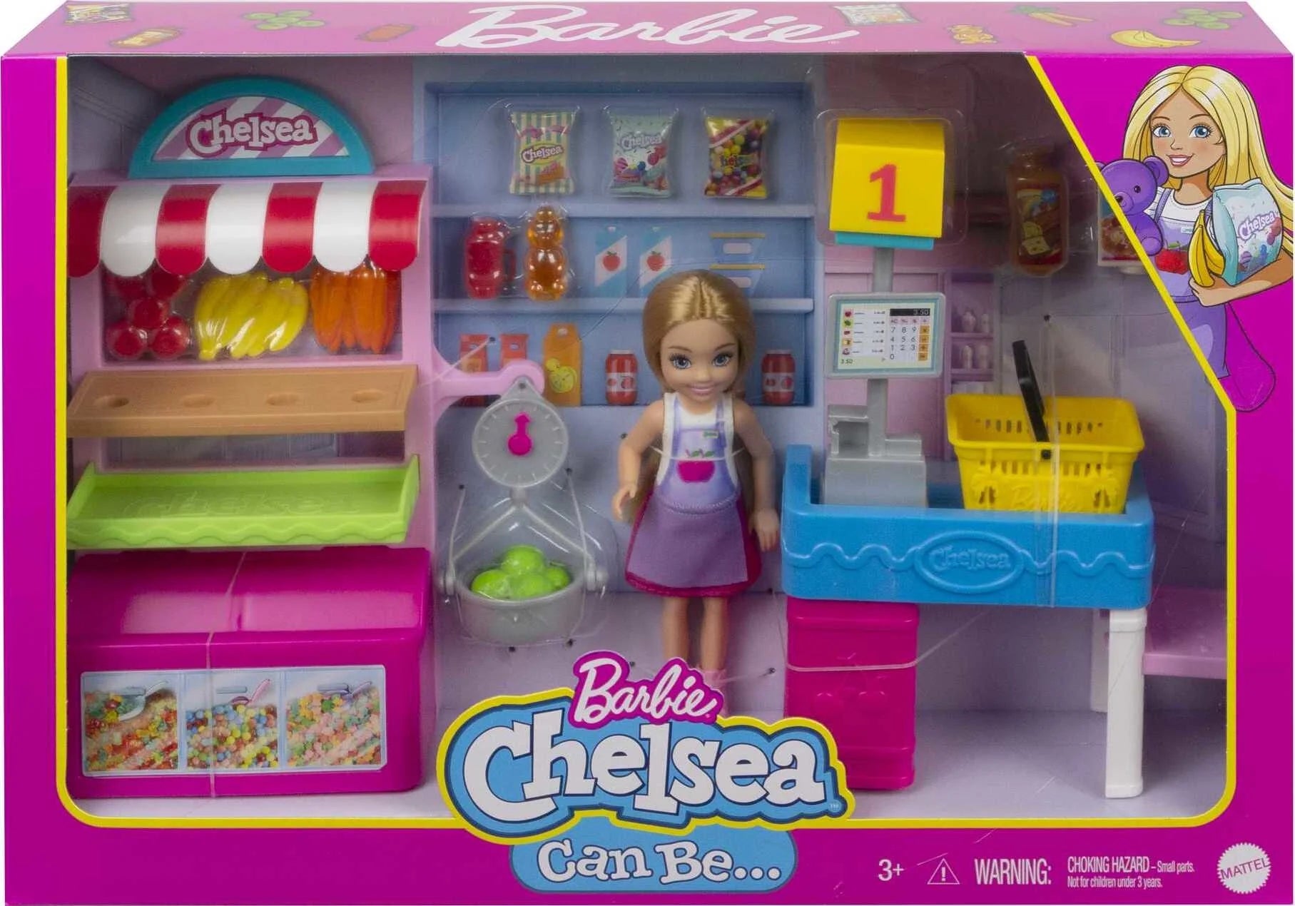 Chelsea Can Be Snack Stand Playset with Blonde Small Doll & 15+ Grocery-Themed Accessories M310