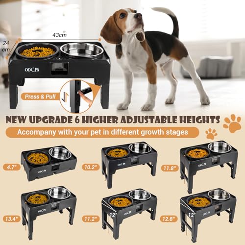 6 Height Adjustable Raised Dog Bowls with 2 Stainless Steel & 1 Slow Feeder Dog Food Bowls, Non-Slip Dog Food Stand with Catchment Drawer I9979
